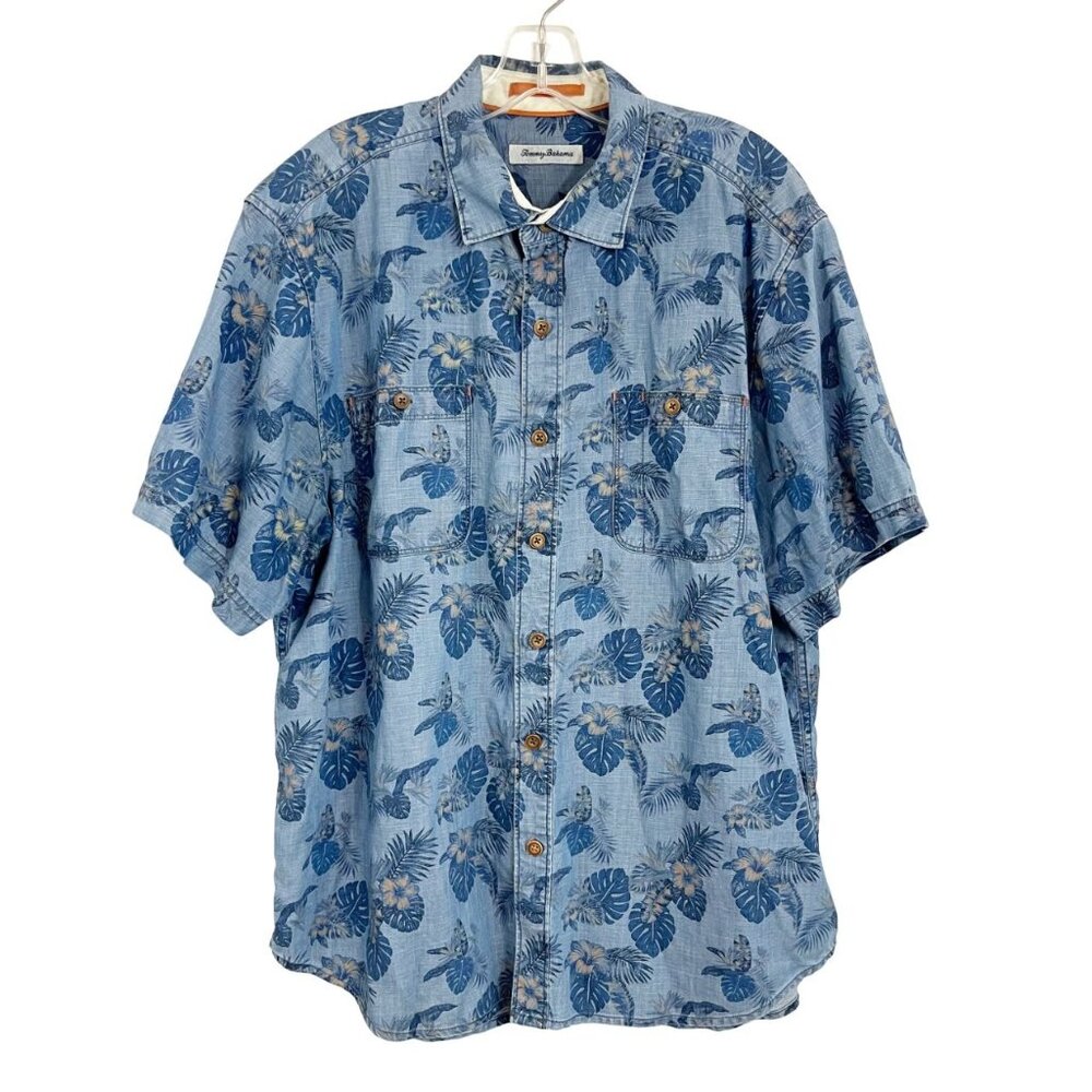 Tommy Bahama Chambray Floral Hawaiian Shirt Blue Linen Lyocell Men's Size Large